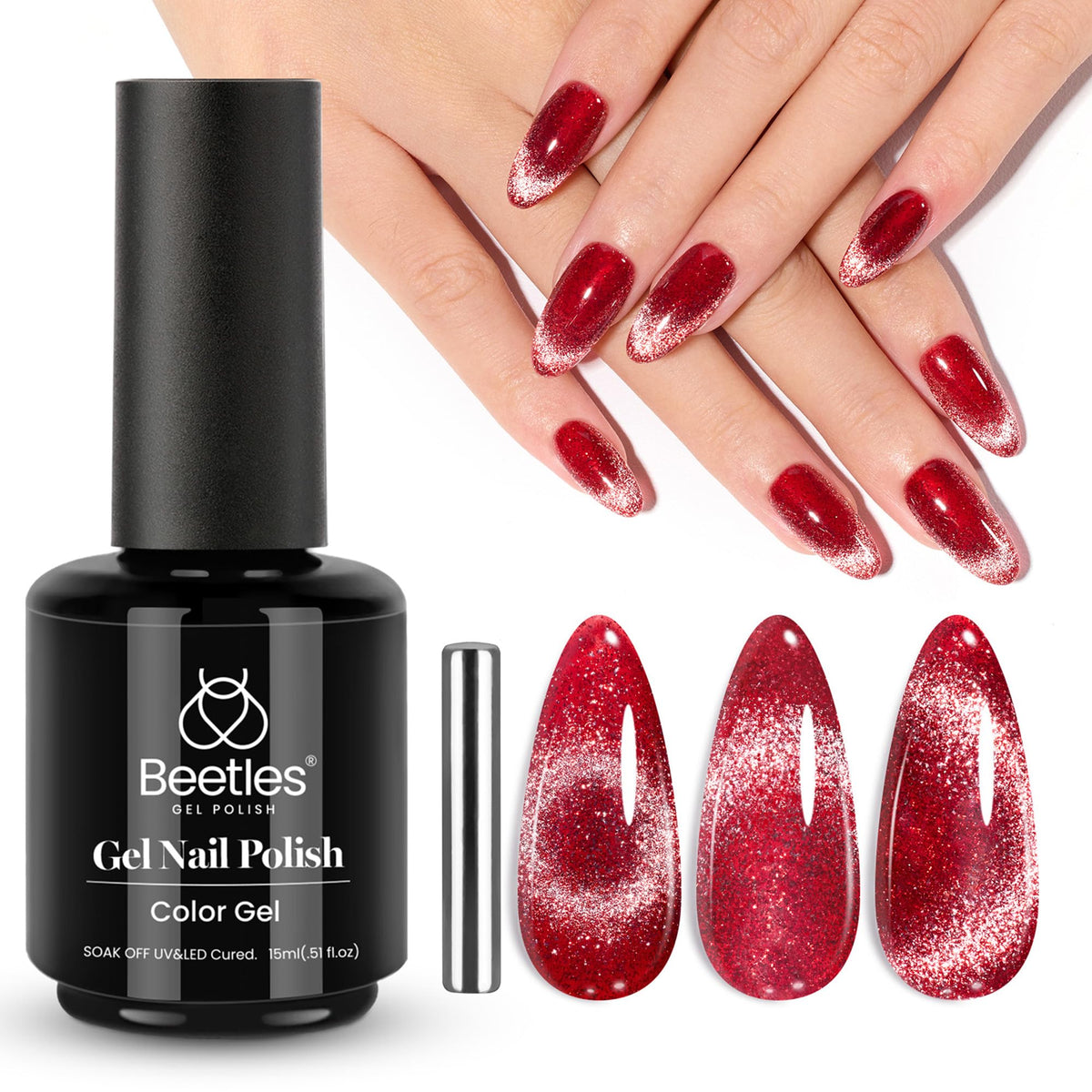 Beetles Red Cat Eye Gel Nail Polish - 15Ml Glitter Uv Led Soak Off For Diy Nail Art & Manicure