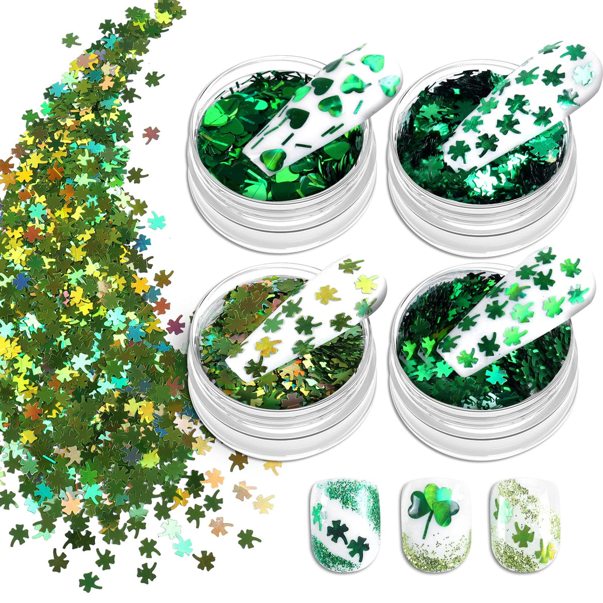 Allstarry Holographic Clover Nail Glitter - 4 Colors Iridescent Chunky Sequins for St. Patrick's Day