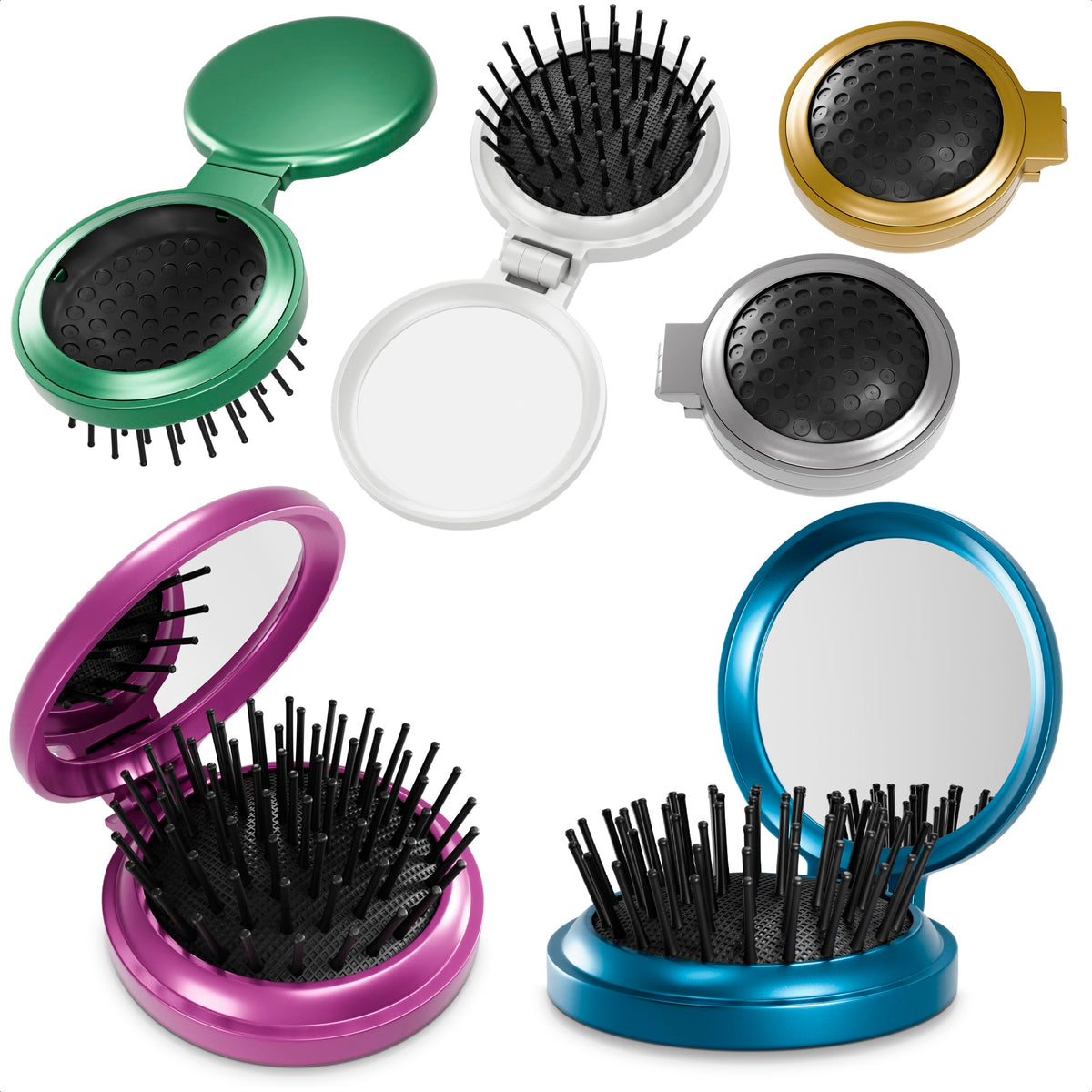 KETAR Round Travel Hair Brush Set - Folding Brush with Mirror, 6Pcs Portable Comb