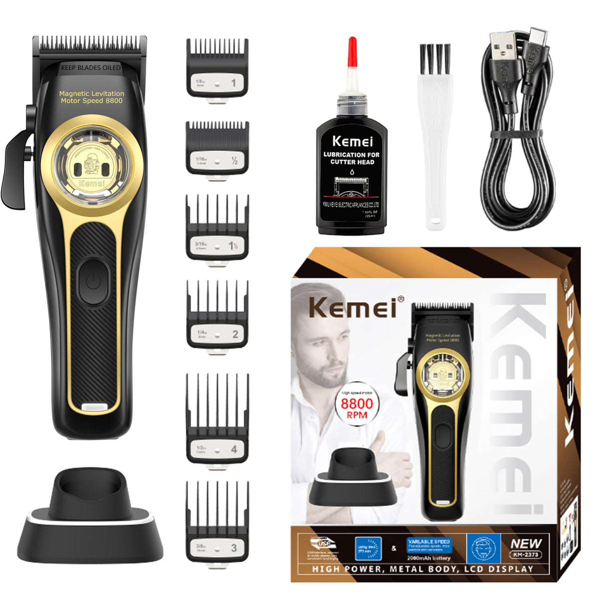 Kemei 2373 Cordless Hair Clippers For Men - 8800 Rpm Magnetic Motor, Adjustable Cutting Kit