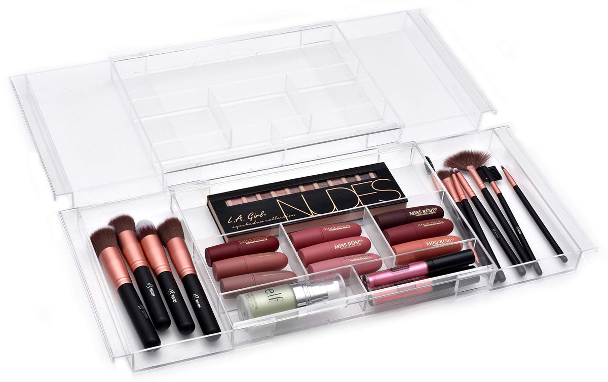 Masirs Expandable Drawer Organizer Set - Clear Plastic Makeup Storage Tray For Bathroom & Bedroom