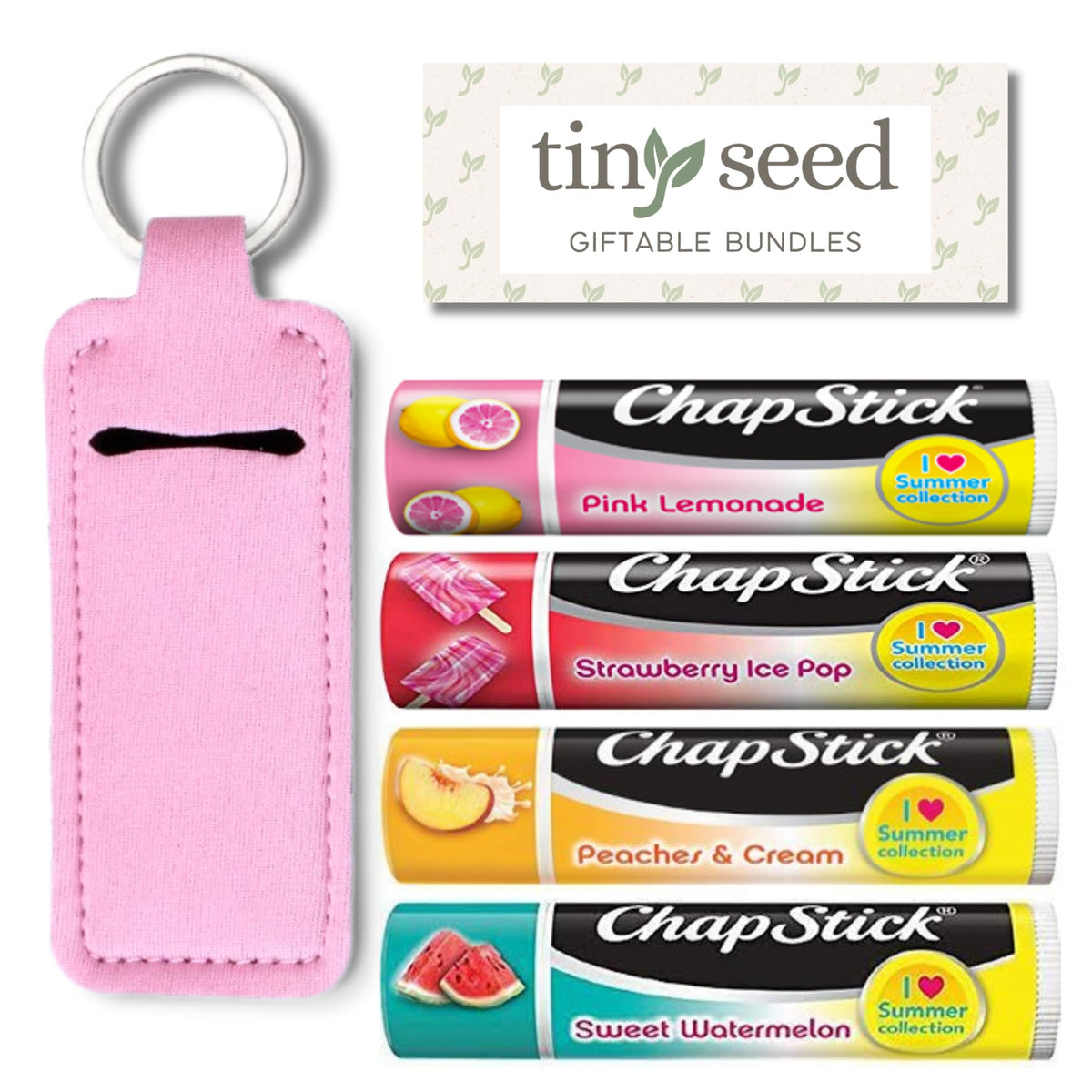 Tiny Seed Limited Edition Chapstick Set: 4 Flavors & Lip Balm Holder Keychain, Pink