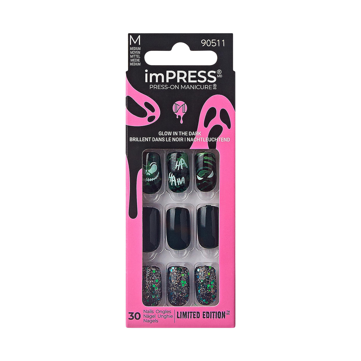 Kiss Impress Halloween Press-On Nails, Green, Medium, Square, Chip Proof, Waterproof, 30Pcs