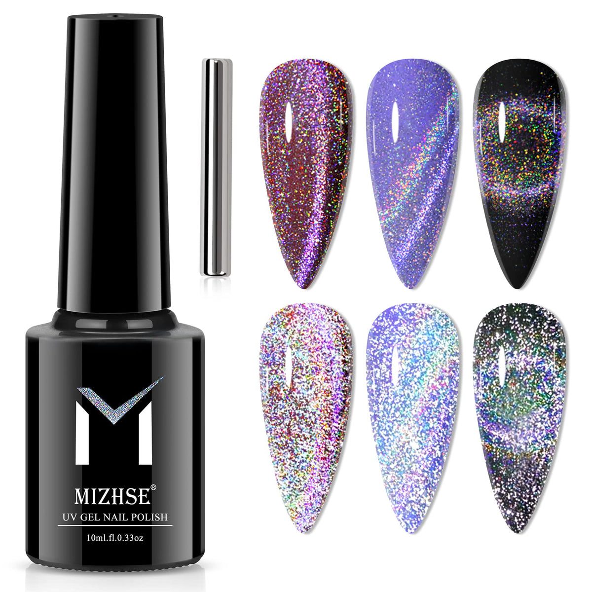 Mizhse 9D Holographic Magnetic Cat Eye Gel Nail Polish 10Ml - Reflective Rainbow Colorful Manicure