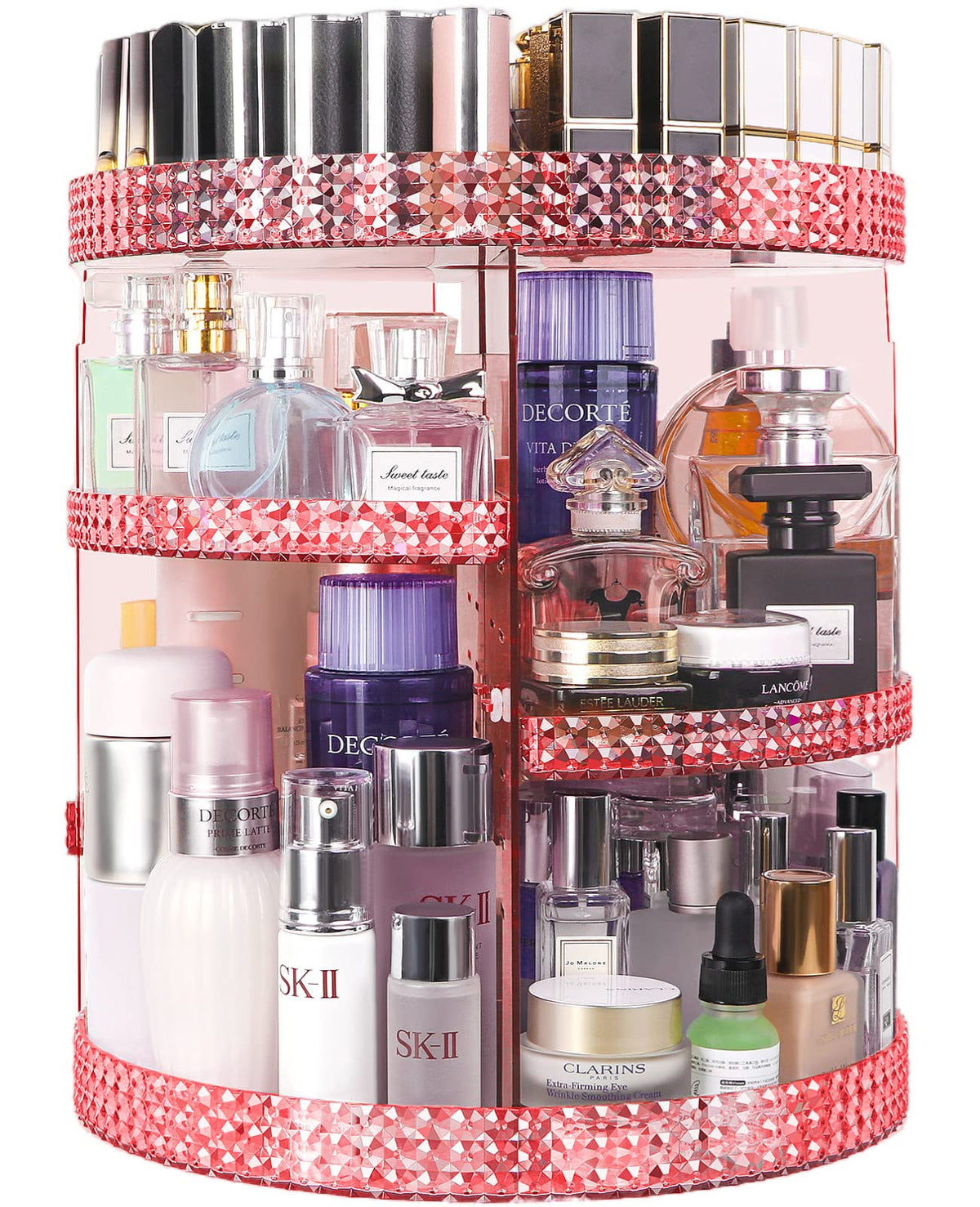 HEMTROY 360° Rotating Makeup Organizer, 7 Layers Adjustable, Pink Acrylic Cosmetic Storage