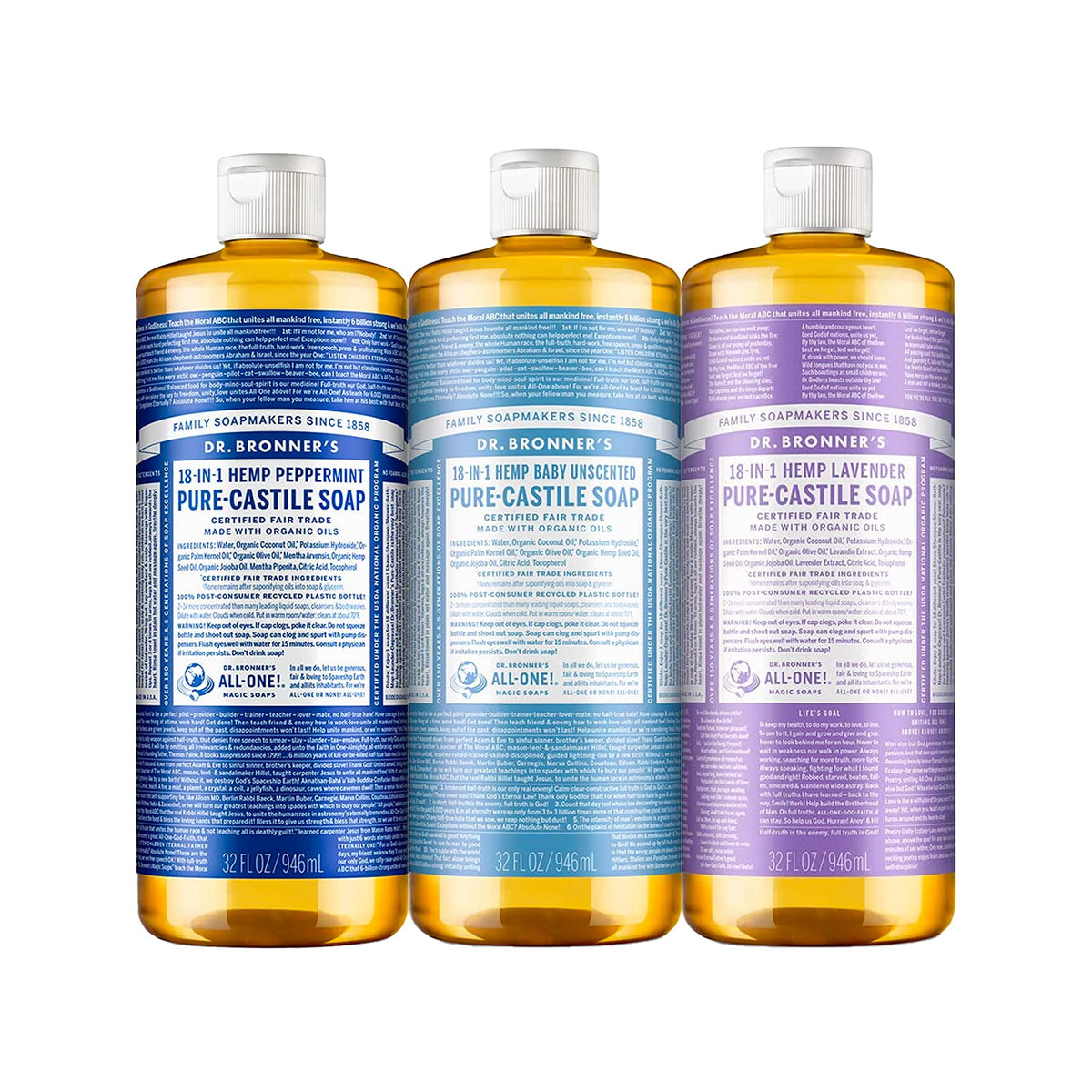 Dr. Bronner'S Pure-Castile Liquid Soap 32Oz Variety 3-Pack - Peppermint, Lavender, Baby Unscent