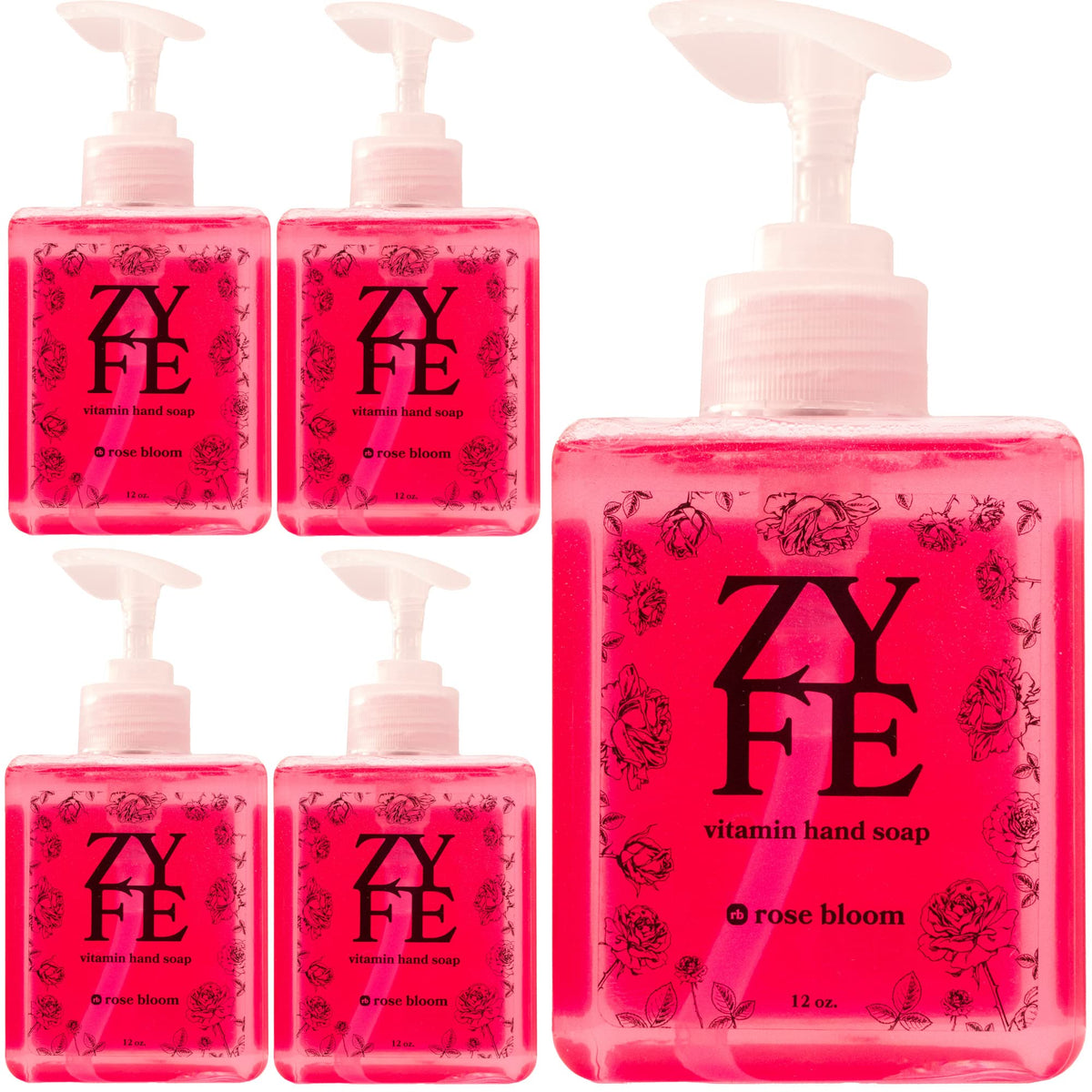 Zyfe Vitamin Hand Soap 12Oz - Natural Moisturizing Liquid Soap With Rose Bloom Fragrance - Pack Of 4