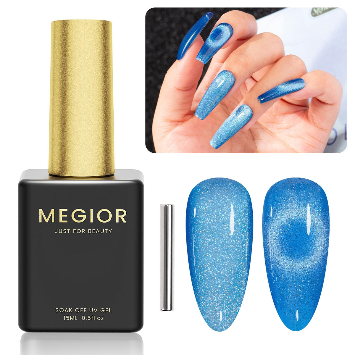 Megior Cat Eye Blue Gel Nail Polish 15Ml - Holographic Magnetic Soak Off For Diy Manicure