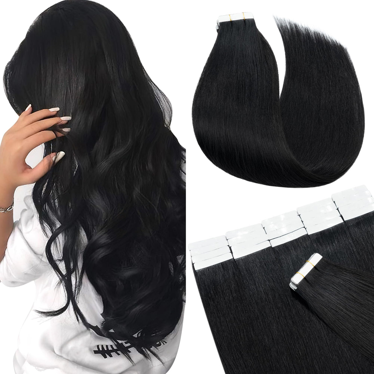 SEGO 20&quot; Jet Black Tape in Hair Extensions - 100g Remy Human Hair, Seamless & Invisible Weft