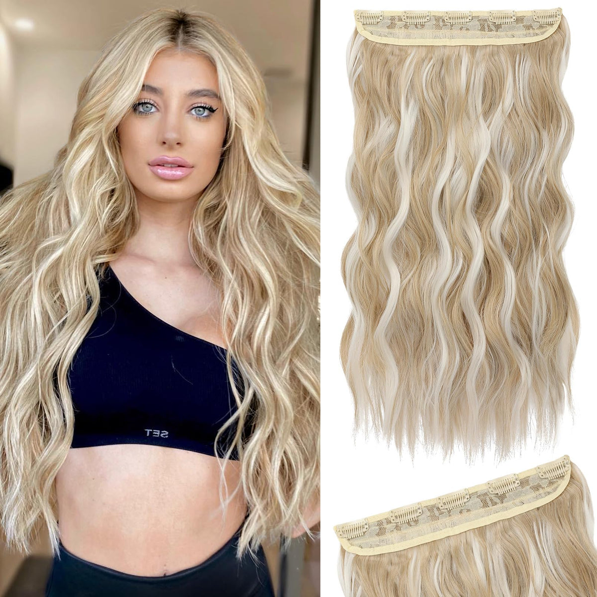 REECHO 20&quot; Ash Blonde Wavy Clip-in Hair Extensions - Thick Synthetic Hairpieces for Women