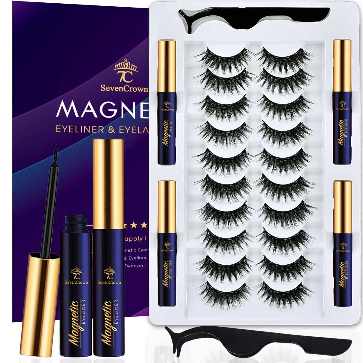 7C Sevencrown Magnetic Eyelashes With Eyeliner, 10 Pairs Cat Eye Wispy, Cruelty-Free