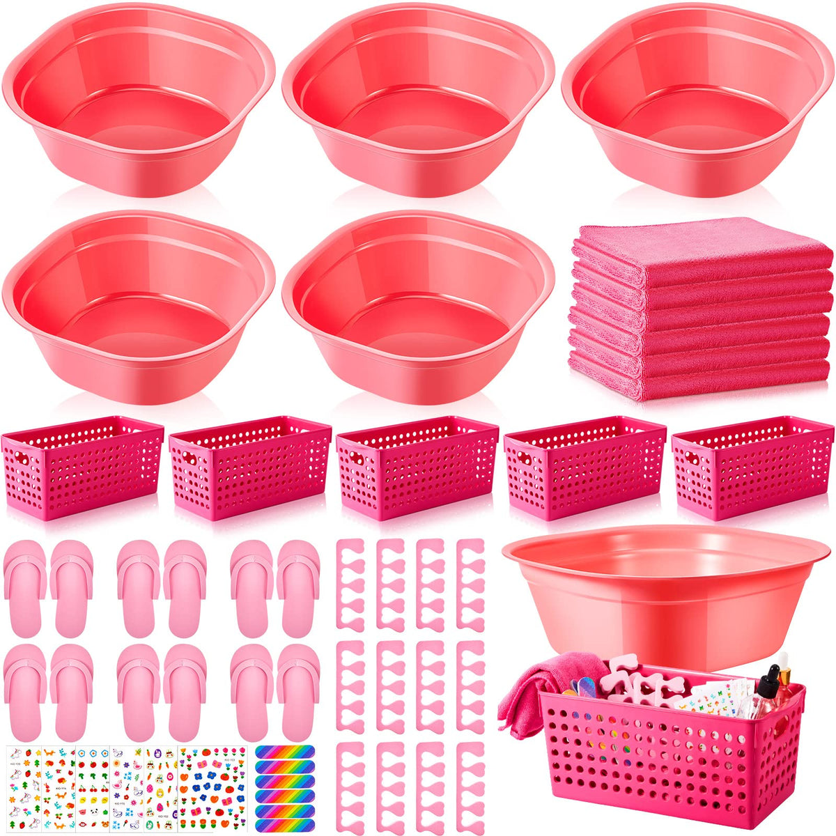 Mumufy Kids Foot Spa Kit - 6 Sets For Girls, Pink Washbasin, Nail & Foot Care For Spa Parties