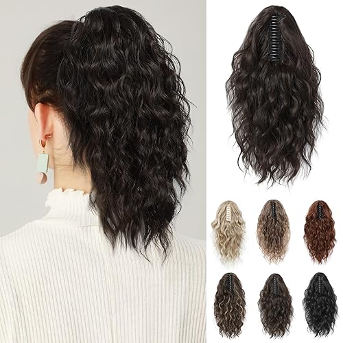 REECHO 14&quot; Ponytail Extension - Soft Wavy Curly Clip-in Hairpiece, Black Brown Synthetic Hair