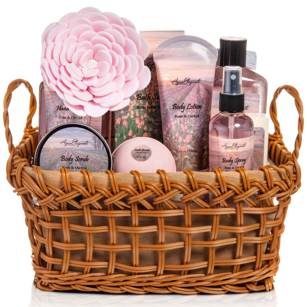 Aqua Elegante Luxury Spa Basket For Women - 13 Piece Bath Set With Rose Oil & Orchid