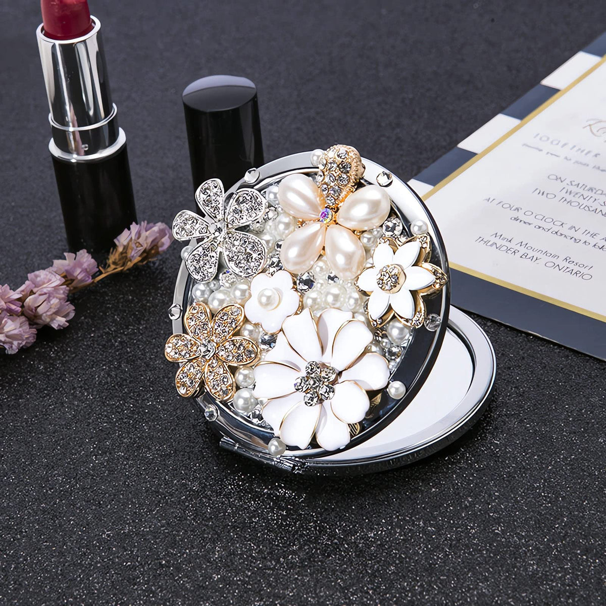 Amanman Daisy Compact Mirror 1X/2X Magnification Portable Travel Makeup Mirror 3&quot;