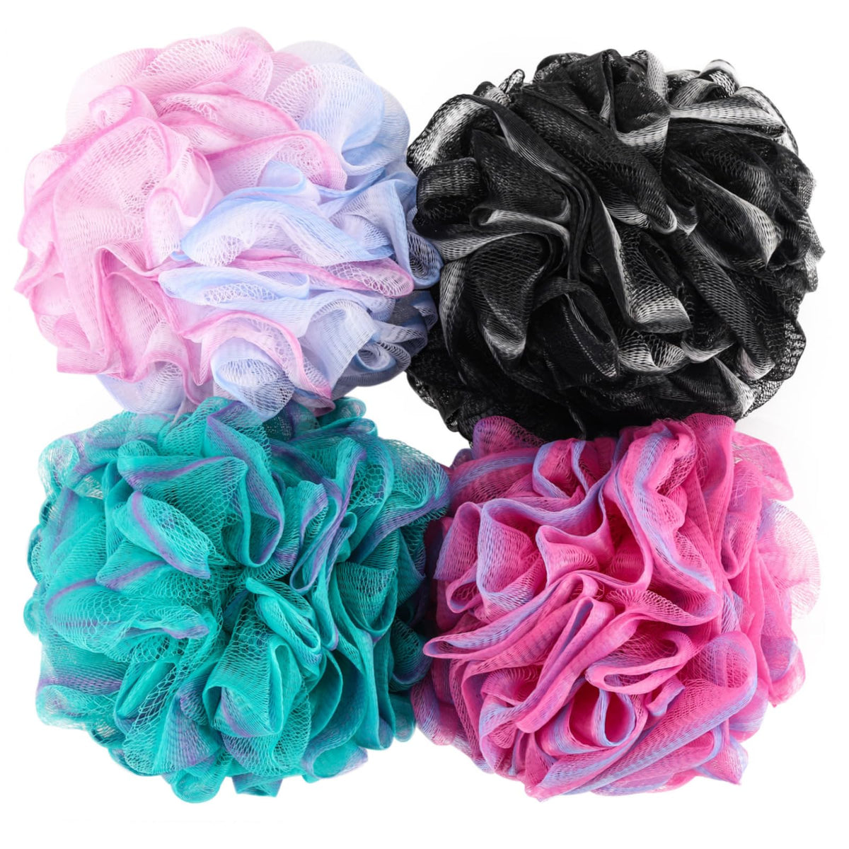 Btyms 4-Pack Loofah Sponge Shower Puff - Exfoliating Bath Scrubber In Black, Cyan, Rose, Blueish