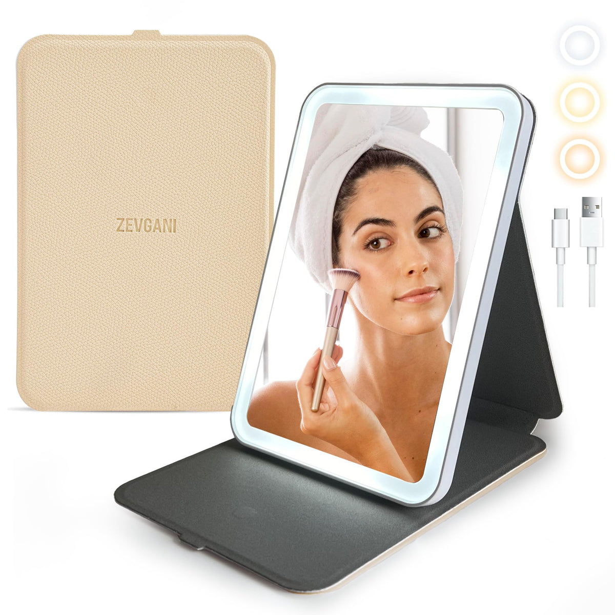 Zevgani Portable Led Makeup Mirror With Leather Cover, Touch Screen, Dimmable, Usb Rechargeable, Beige