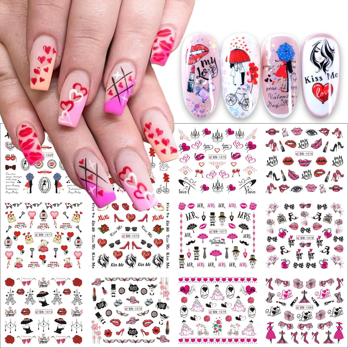 Kehkfsef Valentine’S Day Nail Decals - Red Pink Lips Heart Water Transfer Stickers For Women