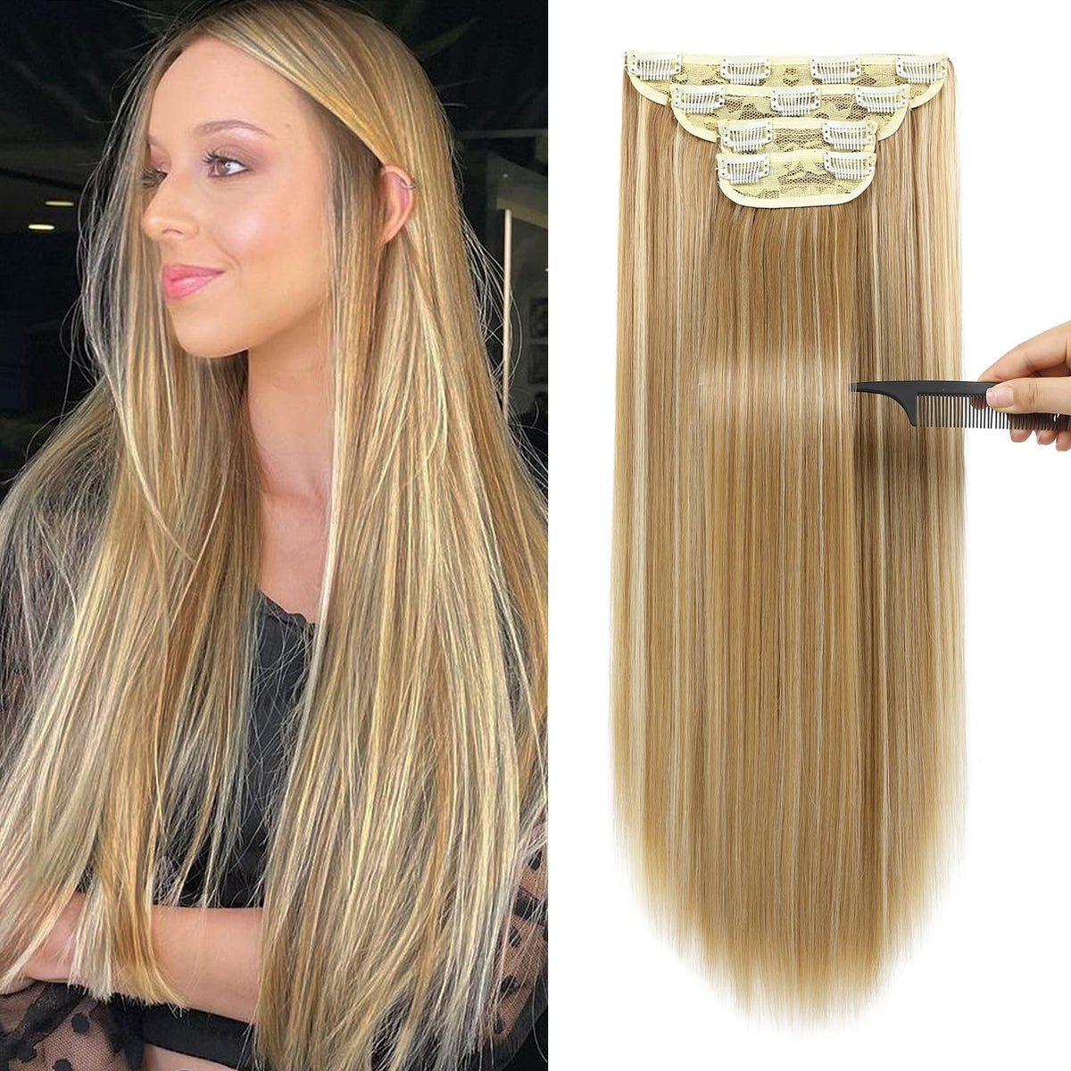 REECHO 20&quot; Clip-in Hair Extensions, Medium Blonde with Highlights, 4 PCS Set, Synthetic, 260g