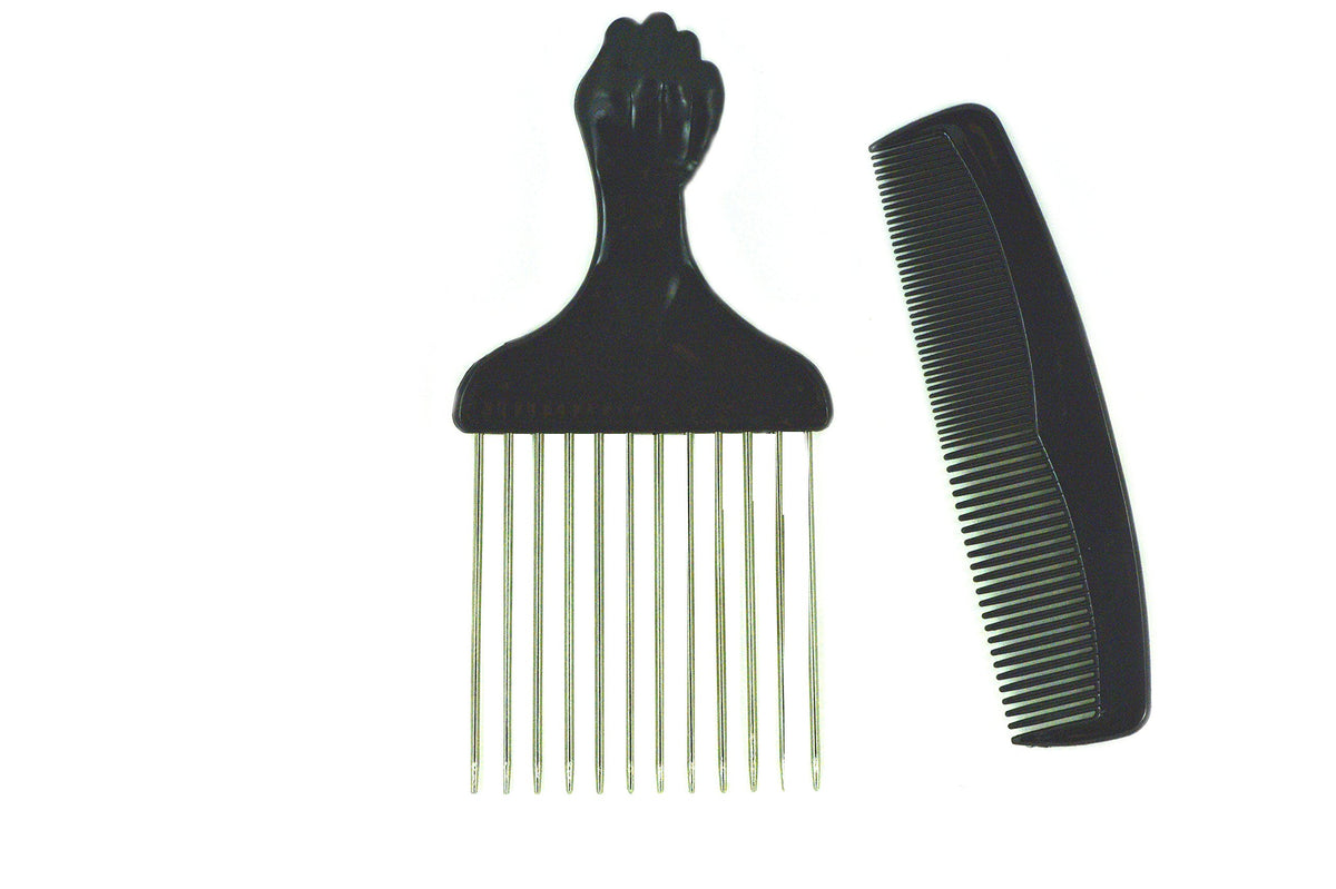 Titan Afro Hair Pick & Metal Comb Set - Black Fist Design for African American Hair Care