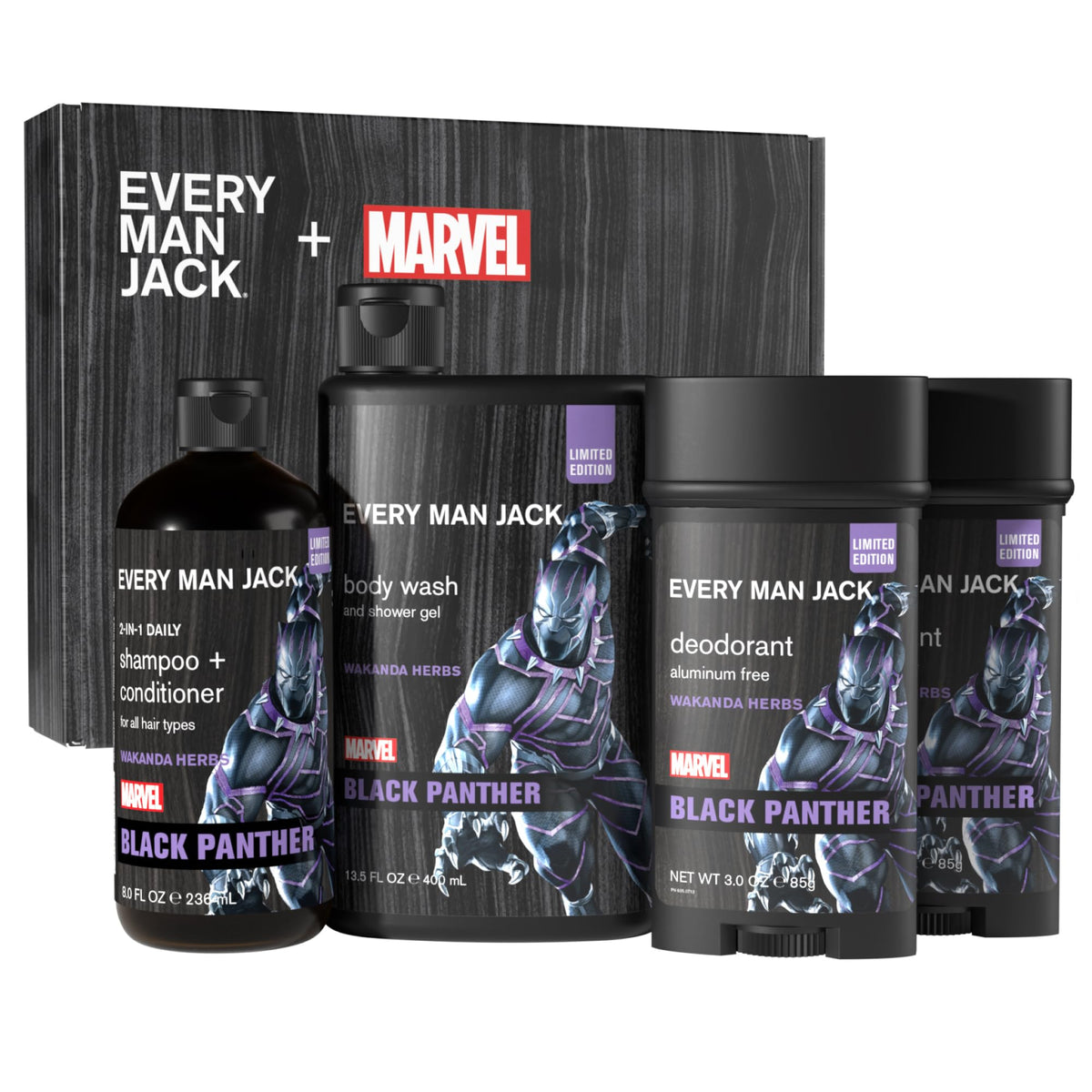 Every Man Jack Black Panther Body Set - Bath & Body Gift Set With Shampoo, Body Wash & Deodorant