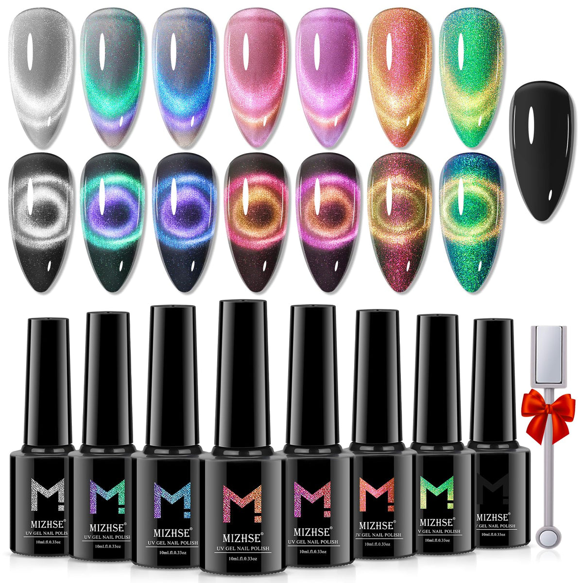 Mizhse 9D Cat Eye Gel Nail Polish Set - 8 Colors, Holographic Magnet, Diy Nail Art Kit