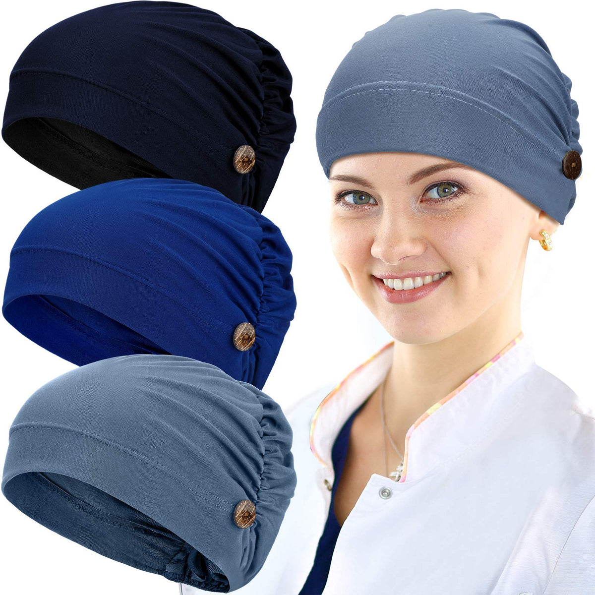 Geyoga 3-Pack Unisex Bouffant Caps With Buttons - Stretchy Turban Headbands In Navy & Royal Blue