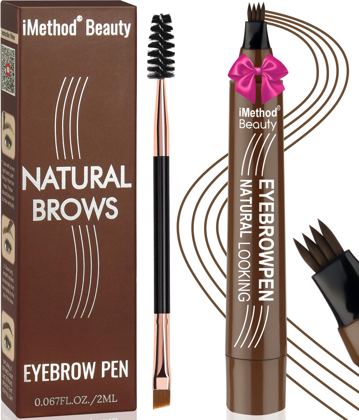 iMethod Dark Brown Eyebrow Pen with 4 Fork Tip & Spoolie Brush – All-Day Microblading Pencils