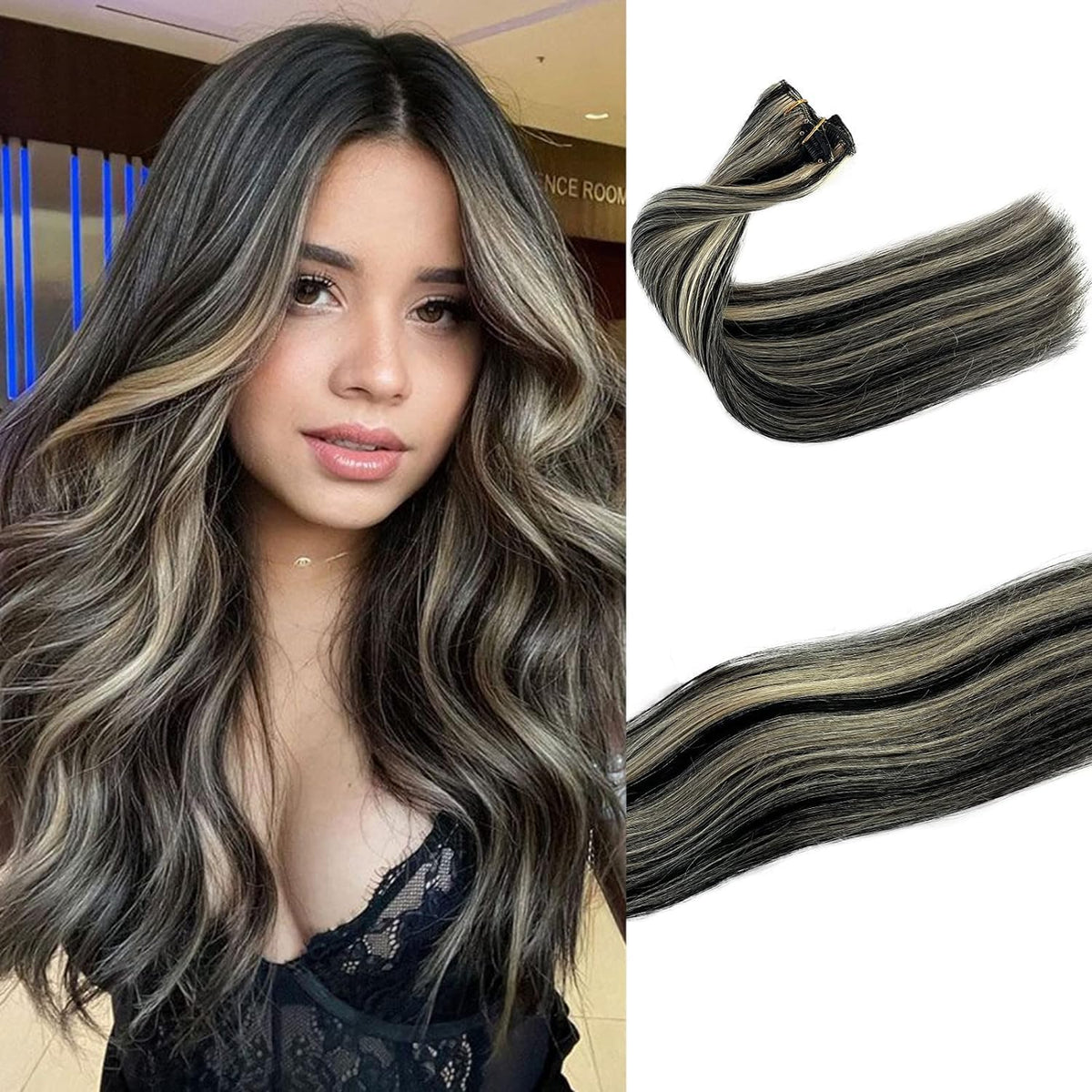 Munx 12&quot; Clip in Hair Extensions - Real Human Hair, Natural Black to Highlighted Blonde, 7pcs 70g