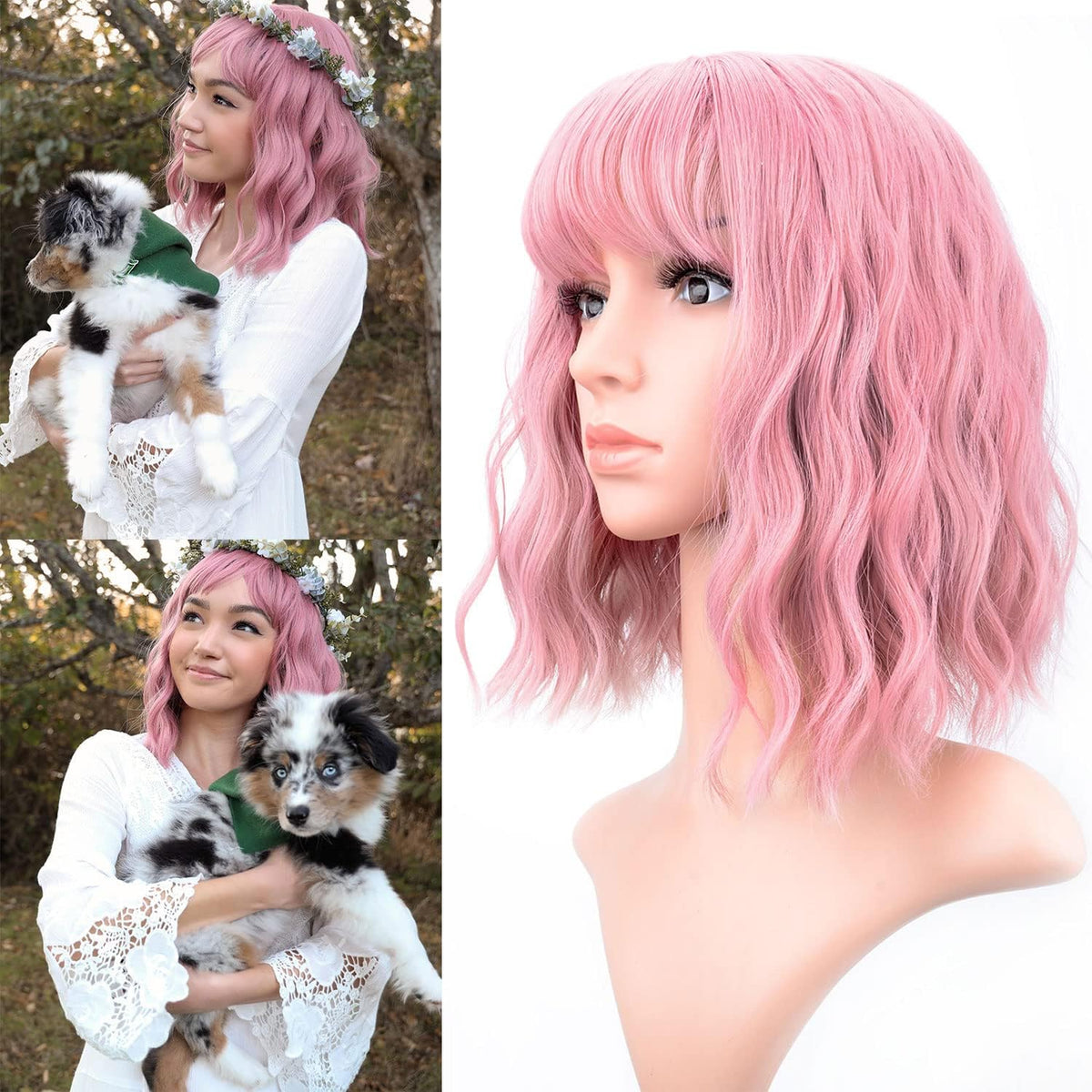 VCKOVCKO Pastel Wavy Wig 12&quot; Purple Pink Synthetic Bob with Air Bangs for Daily Use