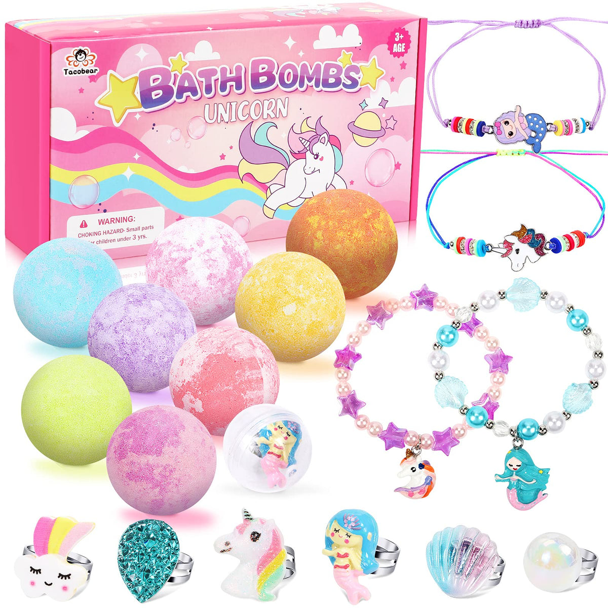 Tacobear Unicorn Bath Bombs For Kids - Surprise Toys & Jewelry, 8 Pack, Ages 4-8