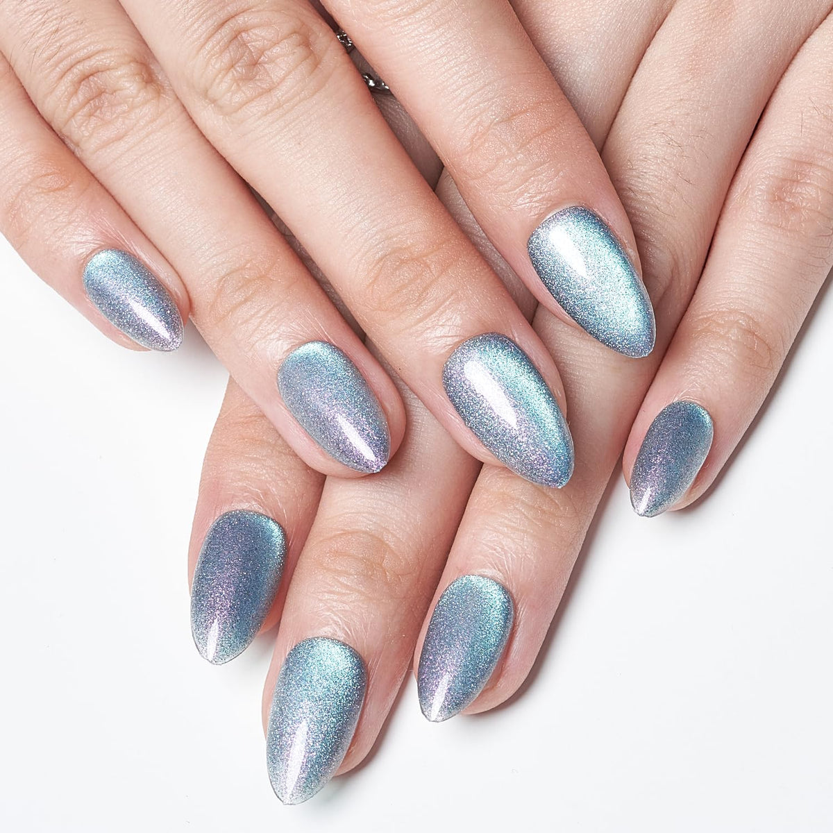 Glamermaid Mermaid Blue Press On Nails, Short Almond, Ombre Glitter, Magnetic Gel, 24 Pack