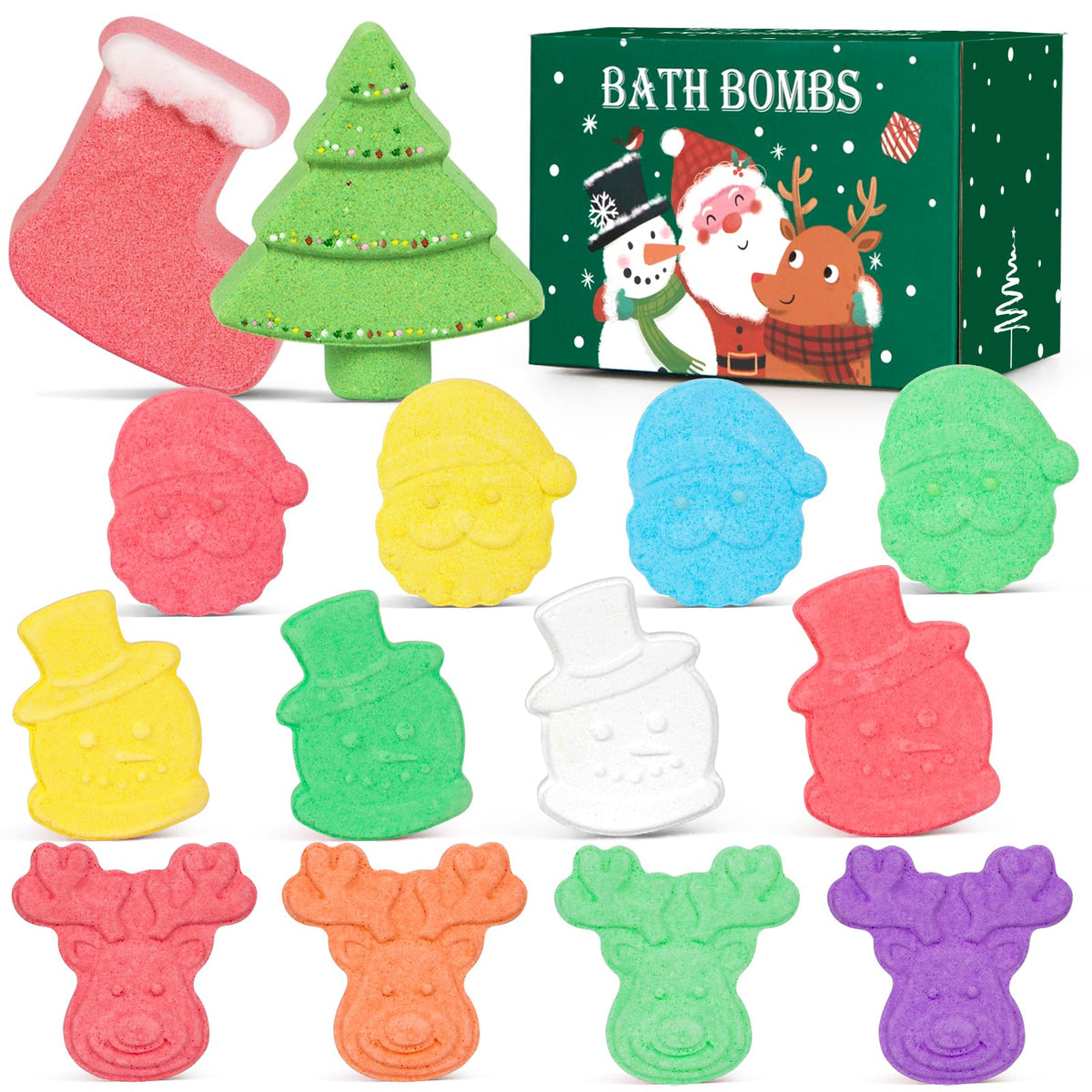 Iaovueby Christmas Bath Bombs For Kids - 14 Mini Fizzies Gift Set With Santa, Reindeer & More