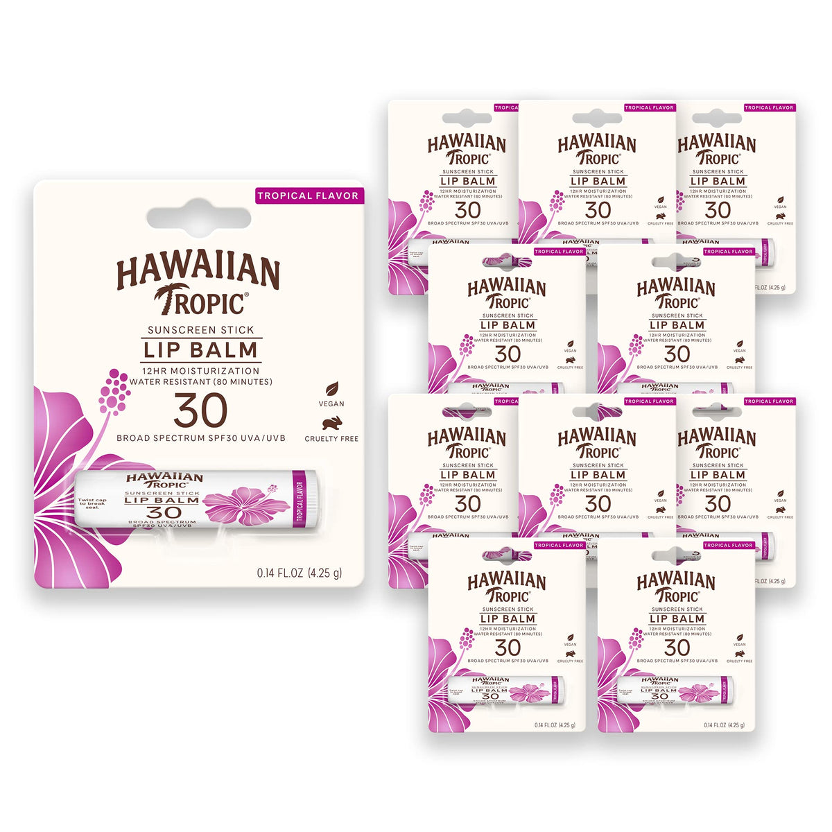 Hawaiian Tropic Tropical Lip Balm Spf 30 - Travel Size Sunscreen, Pack Of 10, 0.14Oz