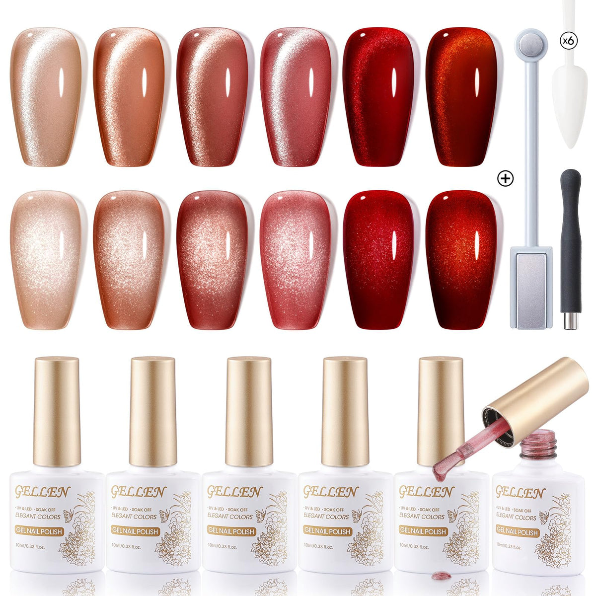 Gellen 6 Colors Cat Eye Gel Nail Polish Set - Red Burgundy Magnetic Uv Soak Off Nail Art Kit