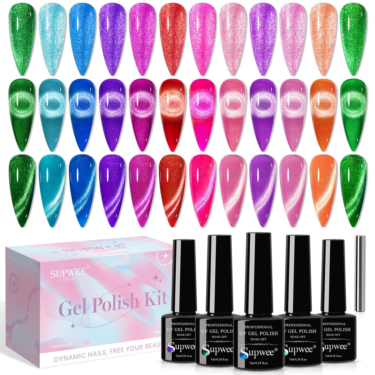 Supwee Neon Cat Eye Gel Polish Set - Holographic Magnetic Glitter Uv Gel For Nails, 0.24 Fl Oz