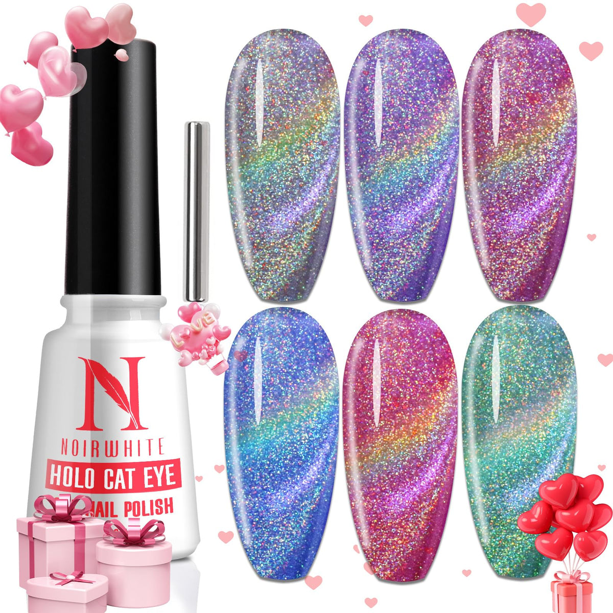 Noirwhite Cat Eye Gel Nail Polish 10Ml - Holographic Glitter With Magnetic Stick For Nail Art