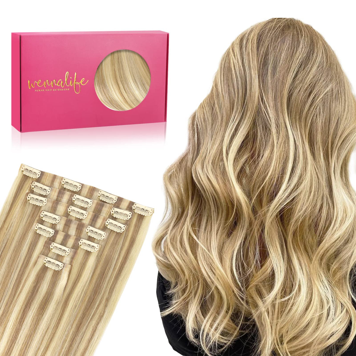 WENNALIFE 22&quot; Seamless Clip In Human Hair Extensions, Light Blonde Highlighted, 150g 7pcs