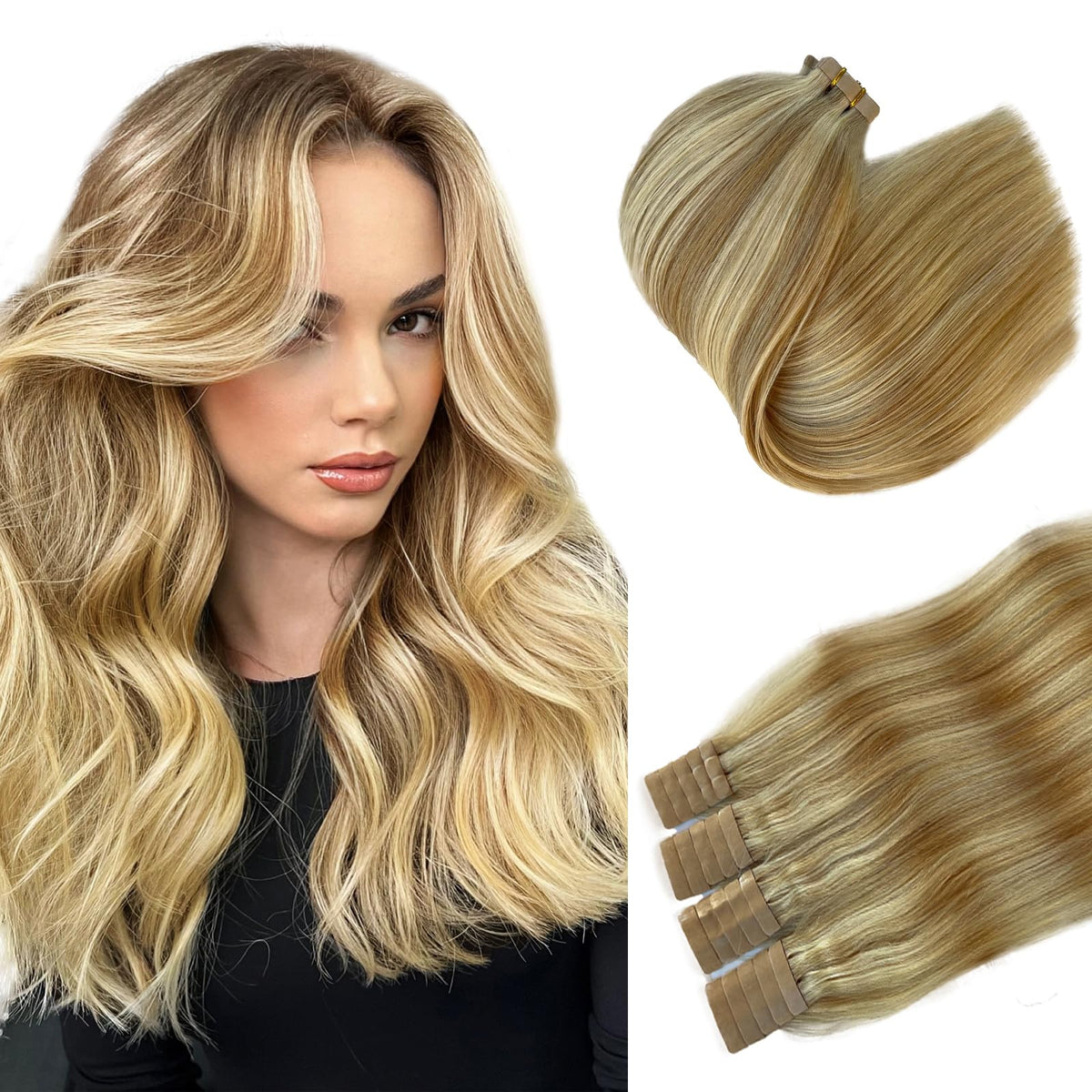 Munx Tape In Human Hair Extensions 16&quot; 20Pcs 30G Blonde Highlight Balayage Strawberry Blonde