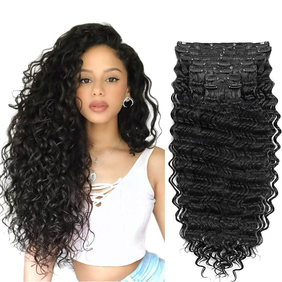 Fashion Icon Hair Clip in Hair Extensions - 24&quot; Deep Wave, Natural Black 1B#, 7Pcs Synthetic