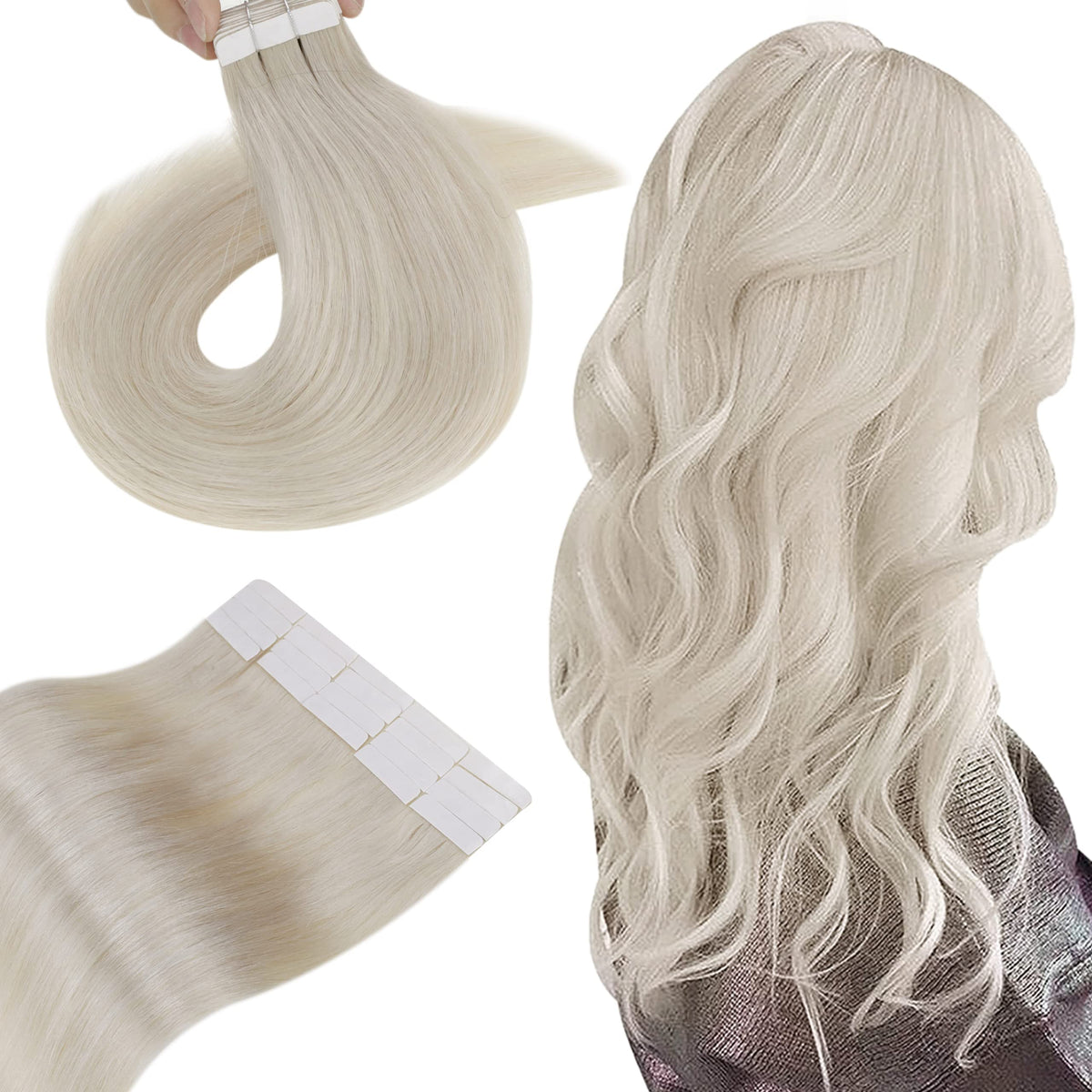 Hetto Remy Tape In Human Hair Extensions 22&quot; #60 Platinum Blonde 20Pcs 50G Invisible Glue