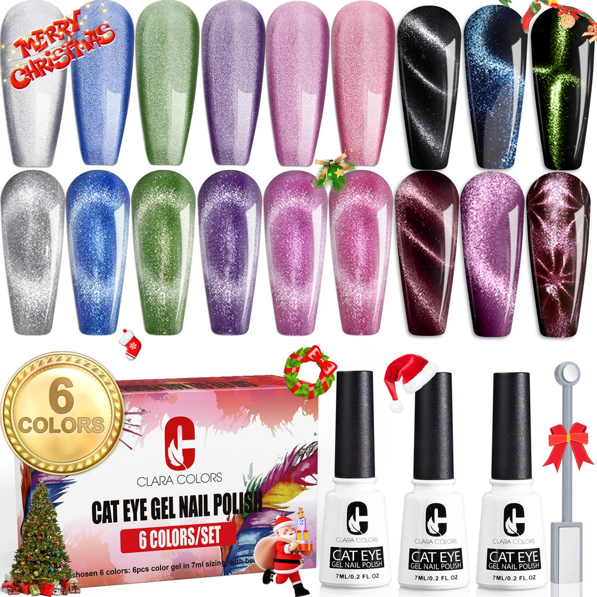 Clara Colors Cat Eye Gel Nail Polish Set - 6 Magnetic Holographic Glitter Colors, 9D Galaxy Series