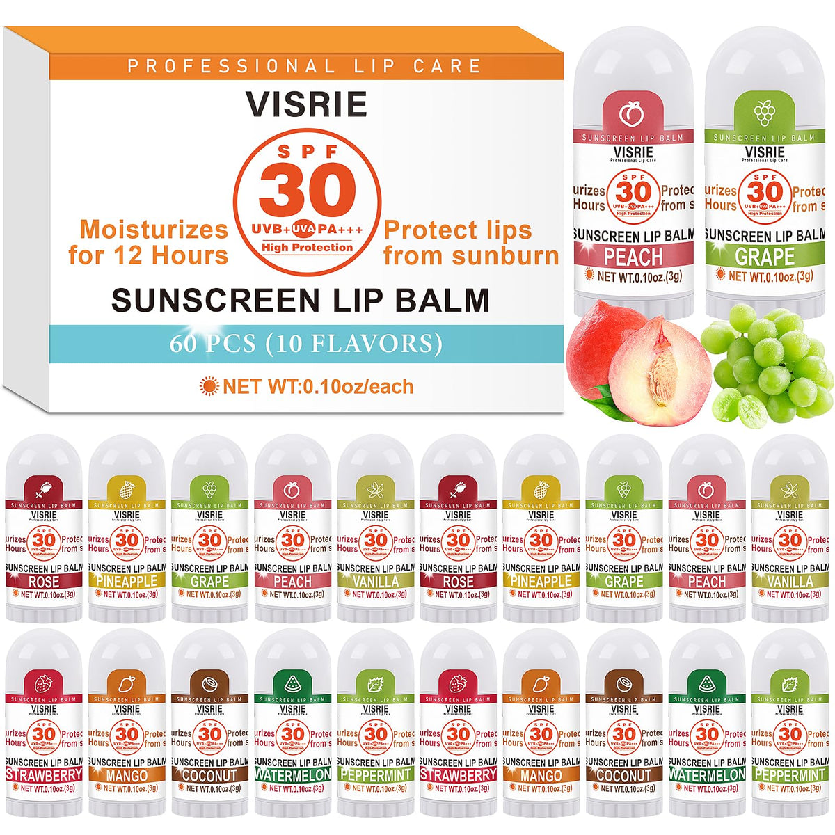 Visrie Spf 30 Mini Sunscreen Lip Balm - 60 Count, Travel Size With Vitamin E & Coconut Oil