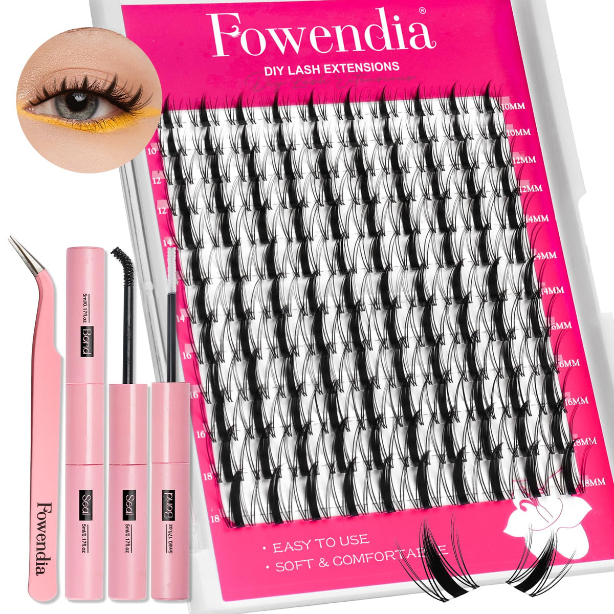 Fowendia Fluffy D Curl Lash Clusters Kit - 10-18Mm Faux Mink Eyelash Extensions With Bond & Seal