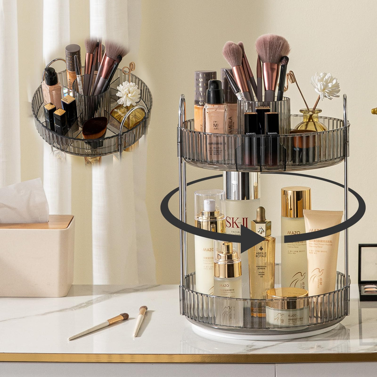 Shuang Qing 360° Rotating Makeup Organizer - 2 Tier Suya Grey Vanity Storage For Cosmetics