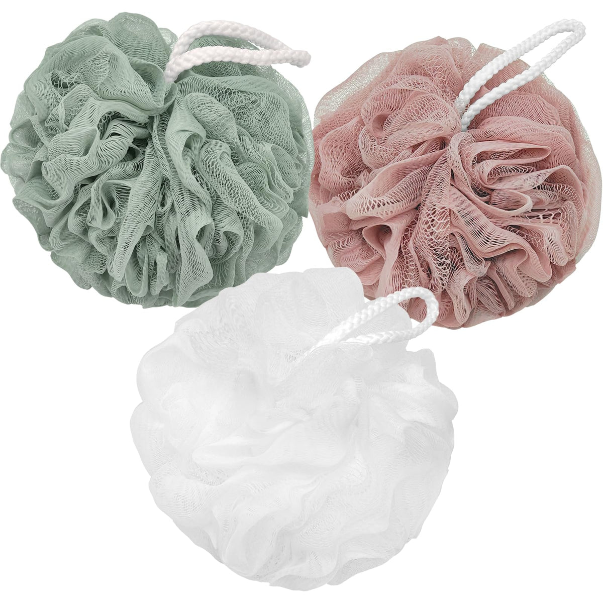 Scartink Loofah Charcoal Bath Sponge Scrubber, 3 Pack Exfoliating Mesh Pouf - White Pink Green