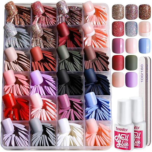 Teenitor 576Pcs Short Press On Nails Kit - Matte, Glossy, Glitter & French Designs