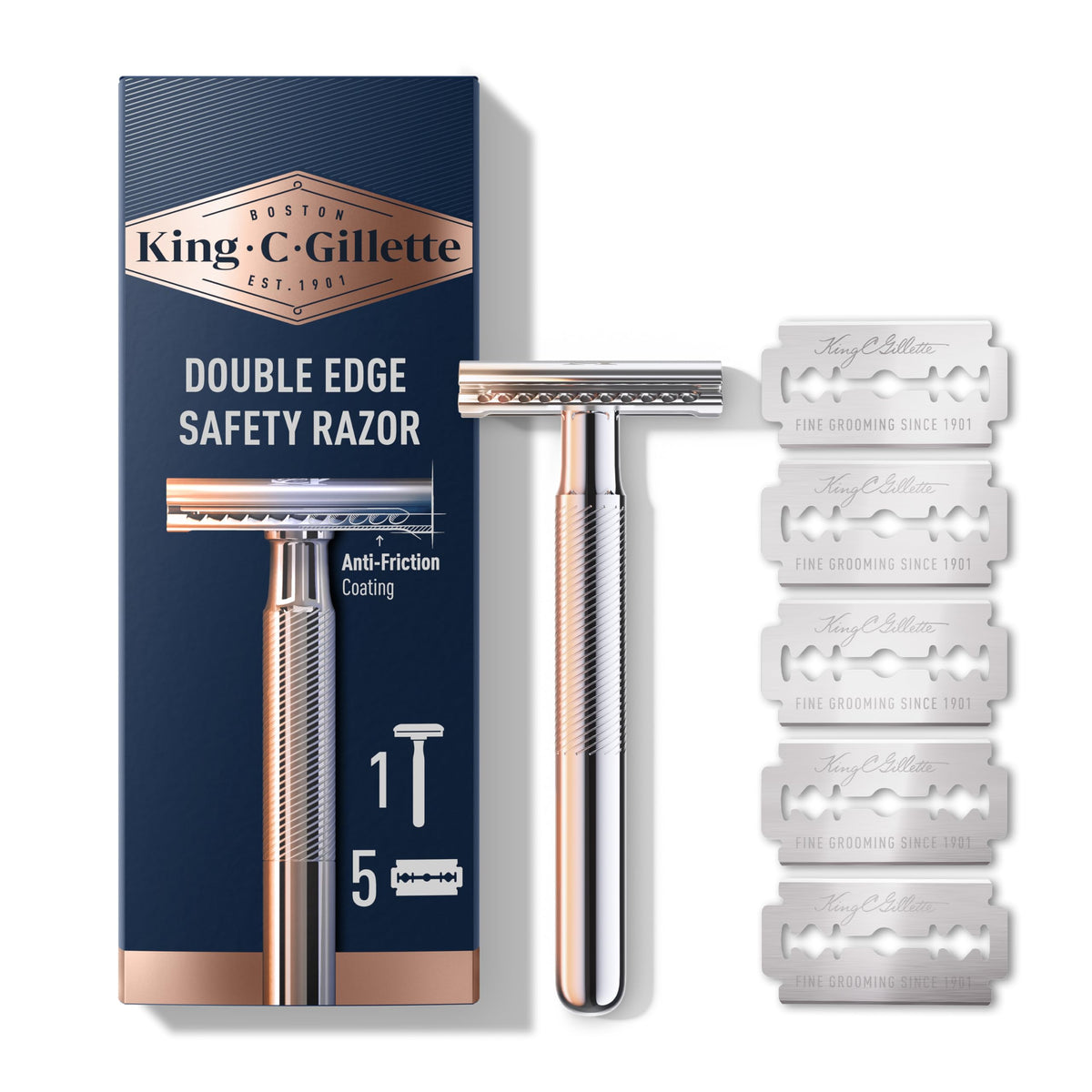 King C. Gillette Safety Razor With Chrome Handle & 5 Platinum Double Edge Blades