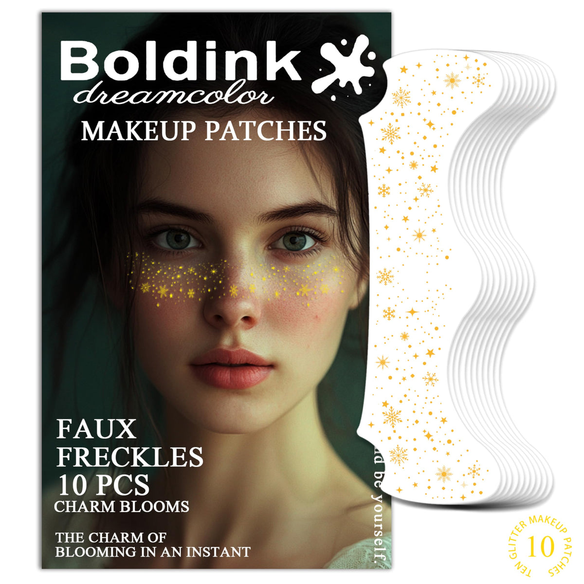 Boldink 10 Pcs Waterproof Glitter Freckles Patches - Golden Snowflake Temporary Makeup For Women