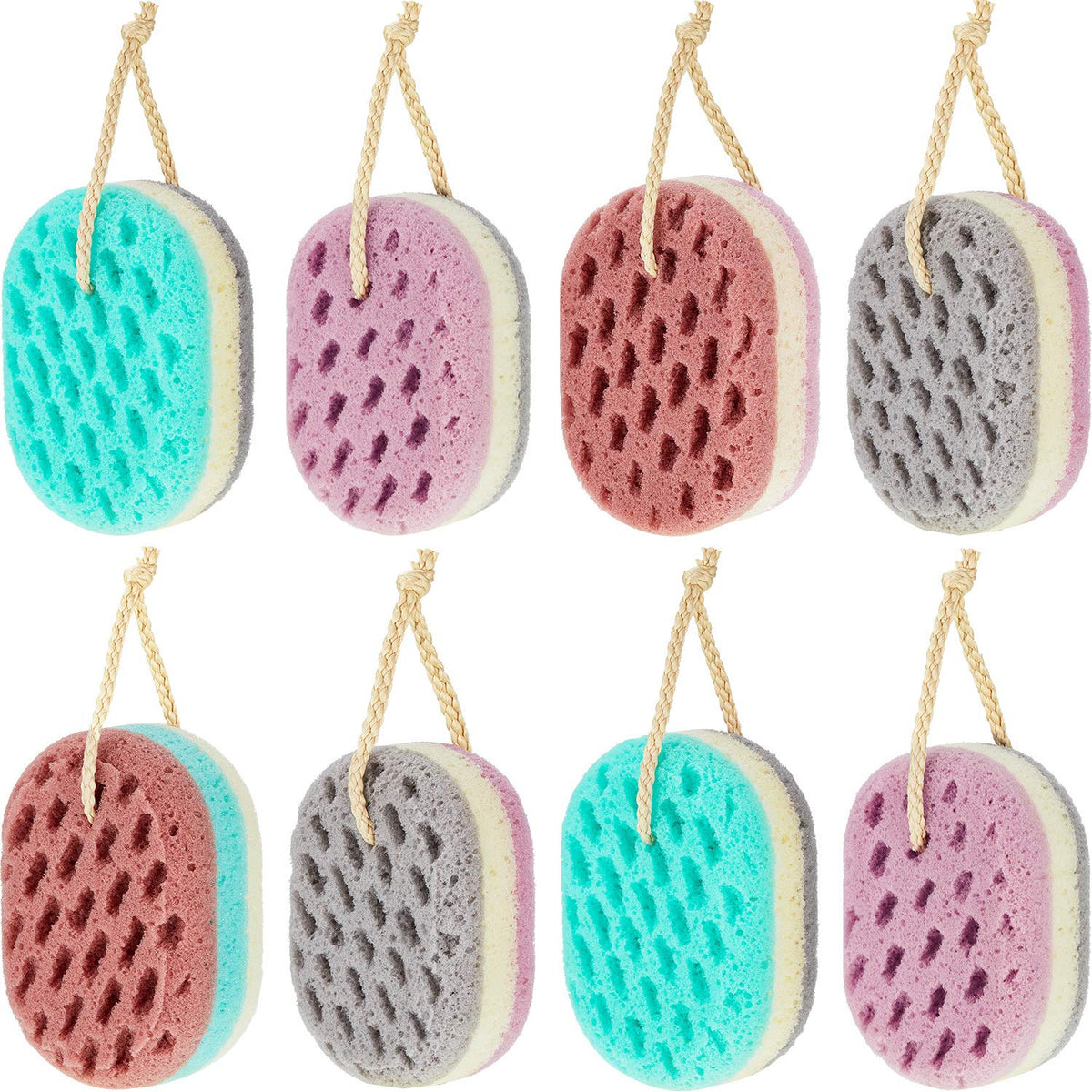 Boao 8 Pieces Soft Natural Bath Sponge Set - Multi-Color Gentle Shower Sponges For All Ages